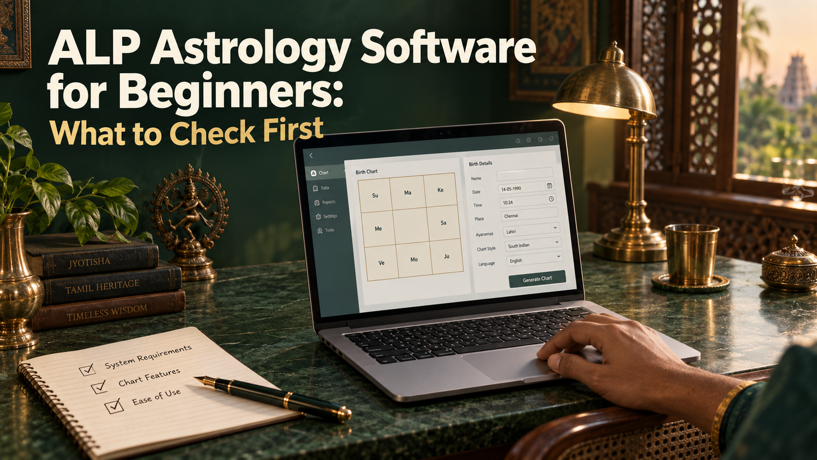 Created your AI-generated blog poster with a fresh emerald-and-gold style, realistic laptop scene, classical Tamil details, and your full title.