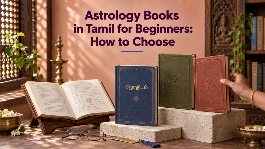 Tamil astrology books displayed beside an open book and reading glasses, with a hand selecting a volume.