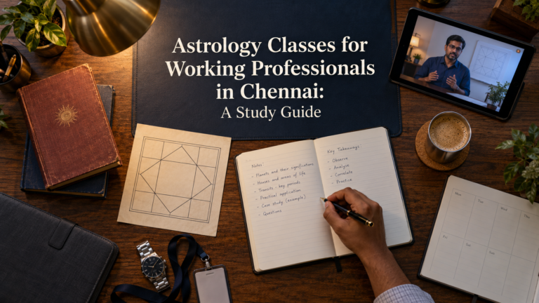 Professional studying astrology with an online lesson, notebook, horoscope chart and weekly planner.