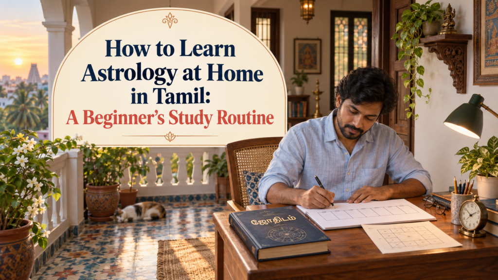 with a new sunrise veranda style, natural Tamil home-study scene, classical décor, modern typography, and the complete title.