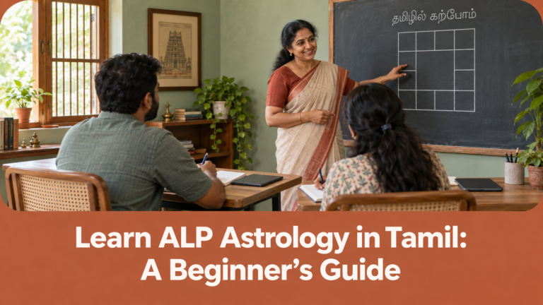 Teacher explaining an astrology chart to adult beginners in a traditional Tamil-style classroom.