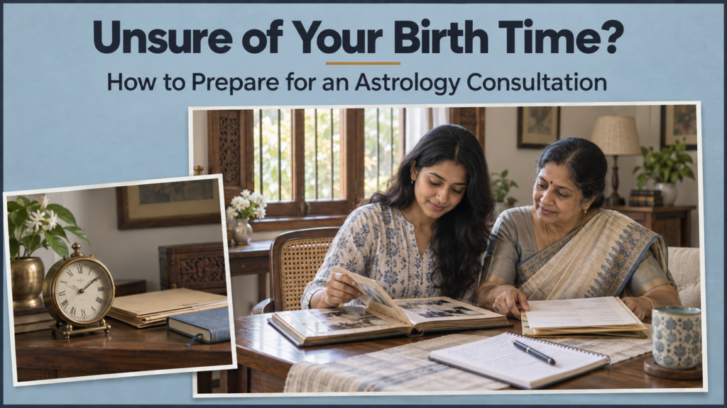 Woman reviewing family records with her mother, alongside a vintage clock, before an astrology consultation.
