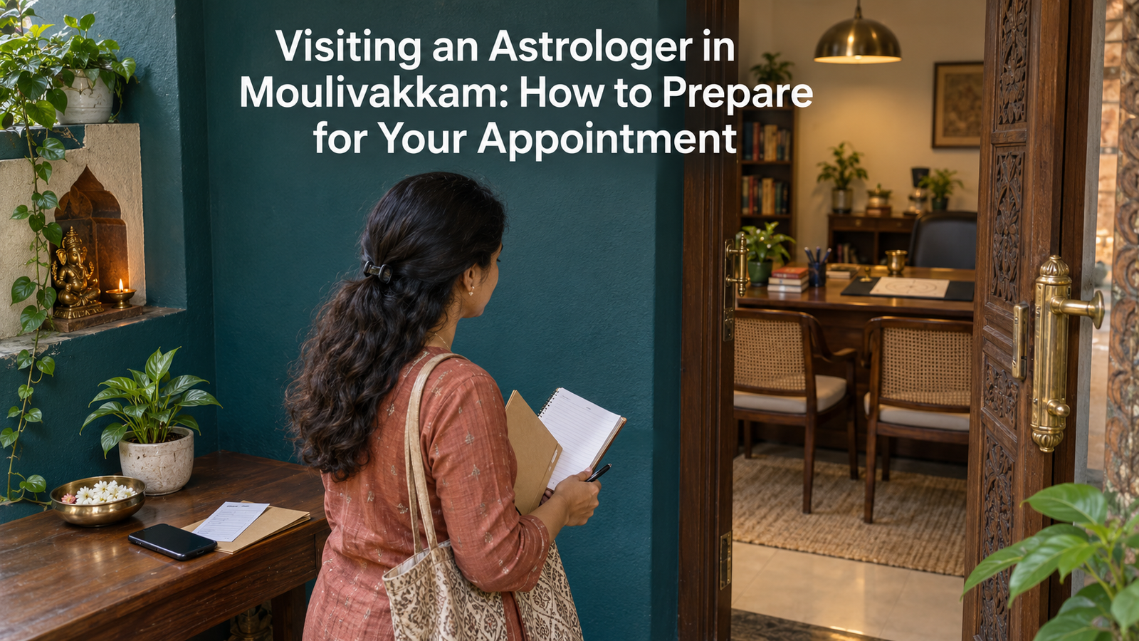 Visitor holding a notebook and documents at a Chennai-style astrology consultation office entrance.